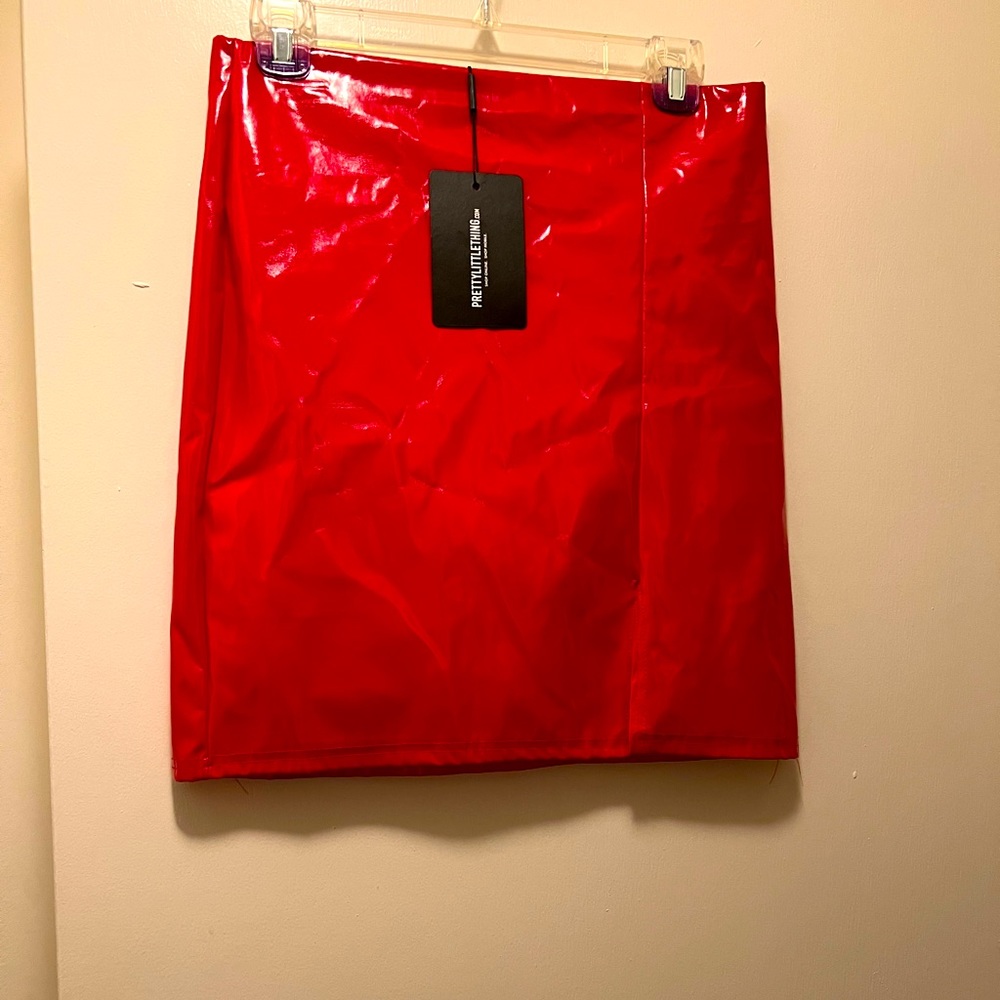 Red, Mini patent leather skin tight skirt. Size 8